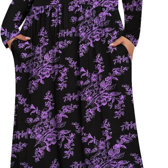 Womens Plus Size Maxi Dress Long Sleeve Pockets Casual Floor Length - Picture 1 of 5